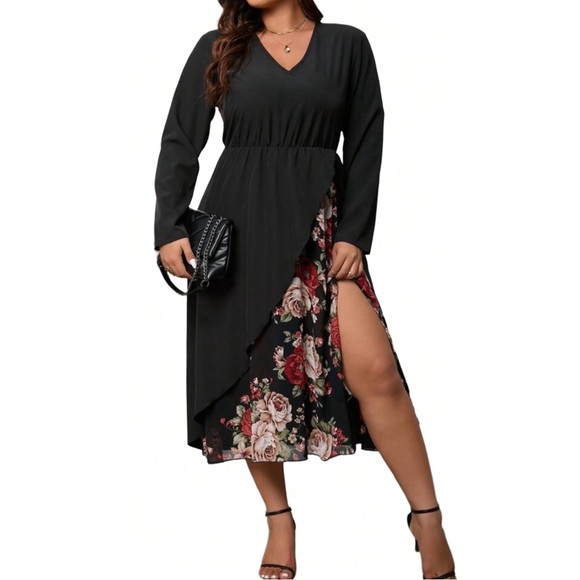 Women's Flower Printed Patchwork Wrap Dress - Picture 2 of 4